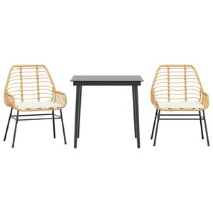 vidaXL 3-tlg. Garten-Essgruppe mit Kissen Braun Poly Rattan Glas