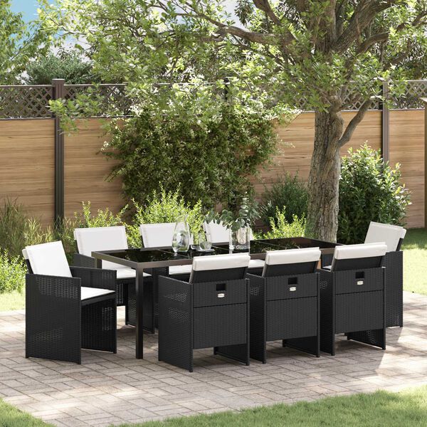 vidaXL Garten Essgruppe mit Kissen 9 pcs Schwarz Poly-Rattan