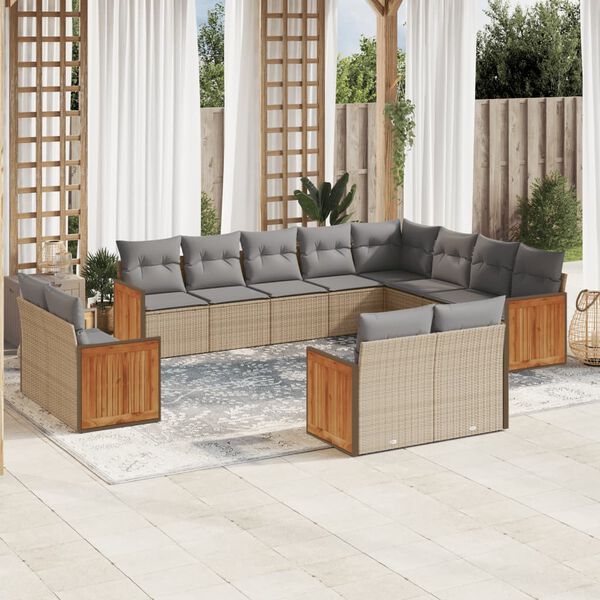 vidaXL 12-tlg. Garten-Sofagarnitur mit Kissen Beige Poly Rattan