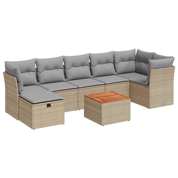 vidaXL 8-tlg. Garten-Sofagarnitur mit Kissen Beige Poly Rattan