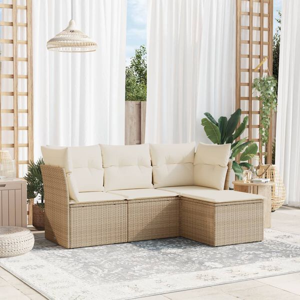 vidaXL 4-tlg. Garten-Sofagarnitur mit Kissen Beige Poly Rattan