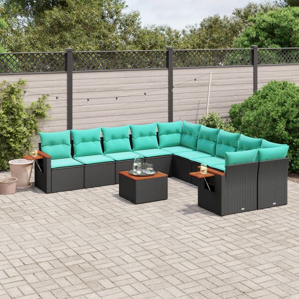 vidaXL 11-tlg. Garten-Sofagarnitur mit Kissen Schwarz Poly Rattan