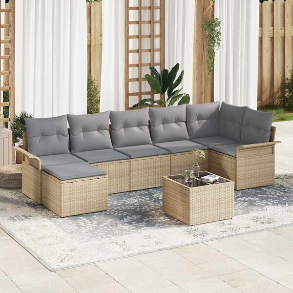 vidaXL Garten-Sofa-Set mit Kissen mit Speicher 8 pcs Beige Poly Rattan