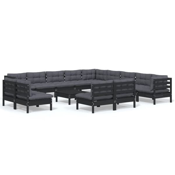 vidaXL 14-tlg. Garten-Lounge-Set mit Kissen Schwarz Massivholz Kiefer