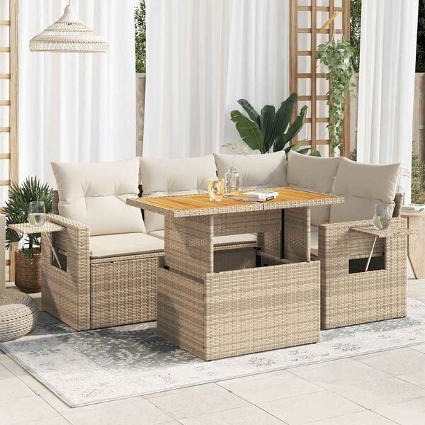 vidaXL 5-tlg. Garten-Sofagarnitur mit Kissen Beige Poly Rattan