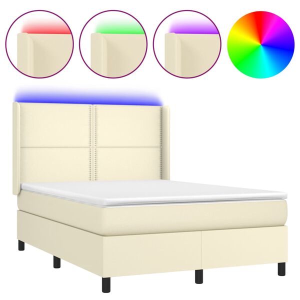 vidaXL Boxspringbett mit Matratze & LED Creme 140x190 cm Kunstleder