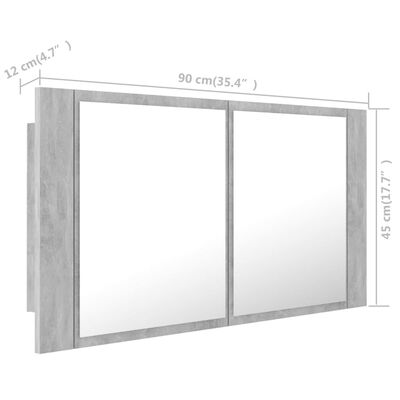 vidaXL LED-Bad-Spiegelschrank Betongrau 90x12x45 cm Acryl