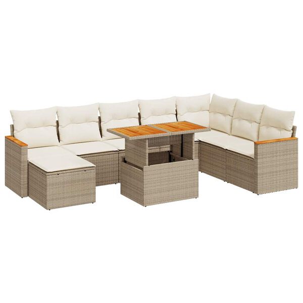 vidaXL 9-tlg. Garten-Sofagarnitur mit Kissen Beige Poly Rattan Akazie