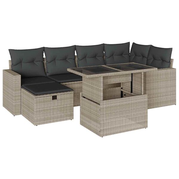 vidaXL 7-tlg. Garten-Sofagarnitur mit Kissen Hellgrau Poly Rattan