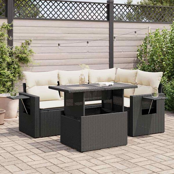vidaXL 5-tlg. Garten-Sofagarnitur mit Kissen Schwarz Poly Rattan