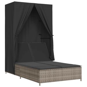 vidaXL Doppel-Sonnenliege mit Dach und Vorh&auml;ngen Grau Poly Rattan