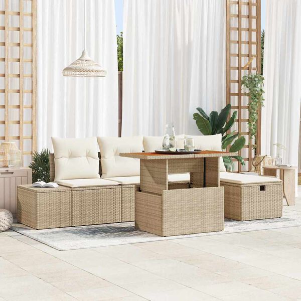 vidaXL Garten-Sofa-Set mit Kissen mit Speicher 6 pcs Beige Poly Rattan