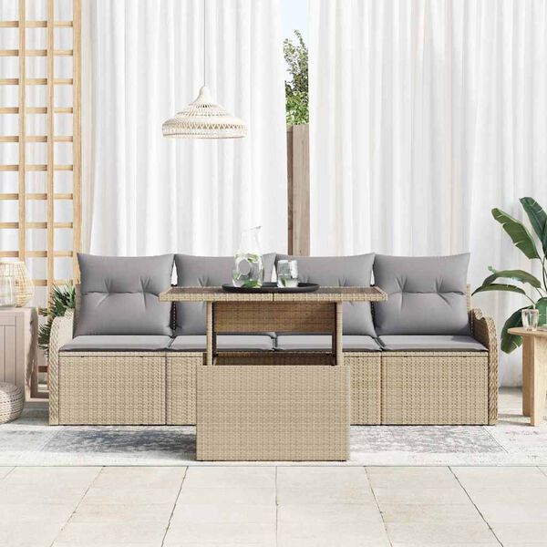 vidaXL Garten-Sofa-Set mit Kissen mit Kissen 5 pcs Beige Poly Rattan