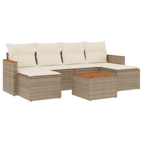 vidaXL 7-tlg. Garten-Sofagarnitur mit Kissen Beige Poly Rattan