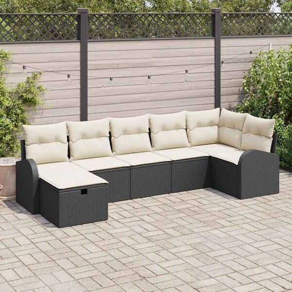 vidaXL Sofa Set mit Kissen 7 pcs Schwarz und Creme Poly-Rattan