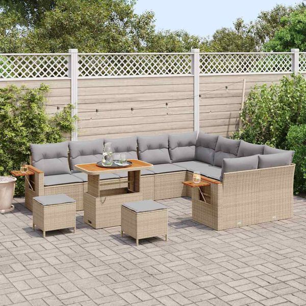 vidaXL Garten-Sofa-Set mit Kissen mit Speicher Beige Poly Rattan