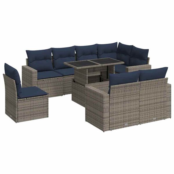 vidaXL 9-tlg. Garten-Sofagarnitur mit Kissen Grau Poly Rattan Akazie