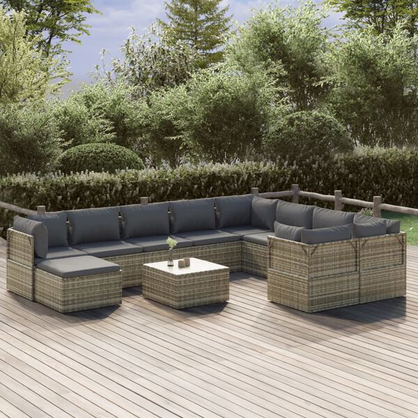 vidaXL 12-tlg. Garten-Lounge-Set mit Kissen Grau Poly Rattan