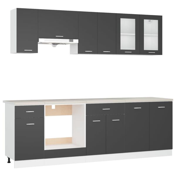 vidaXL 8-tlg. K&uuml;chenzeile mit Arbeitsplatte Grau Holzwerkstoff