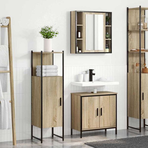 vidaXL Badezimmerm&ouml;bel-Set mit Regal mit T&uuml;r 3 pcs Braun Holzwerkstoff
