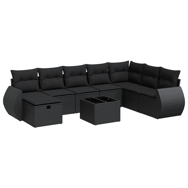 vidaXL 9-tlg. Garten-Sofagarnitur mit Kissen Schwarz Poly Rattan