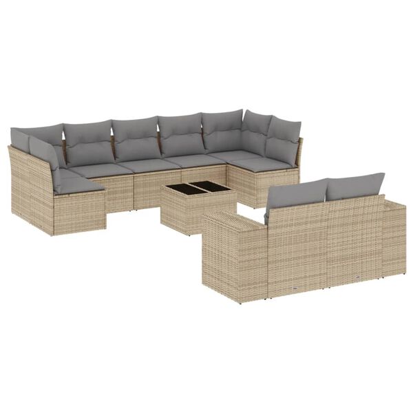 vidaXL 10-tlg. Garten-Sofagarnitur mit Kissen Beige Poly Rattan