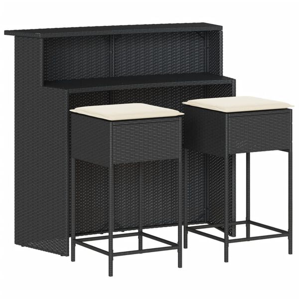 vidaXL 3-tlg. Gartenbar-Set mit Kissen Schwarz Poly Rattan