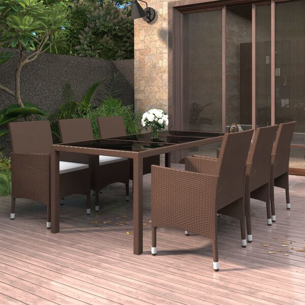 vidaXL 7-tlg. Garten-Essgruppe Poly Rattan und Hartglas Braun