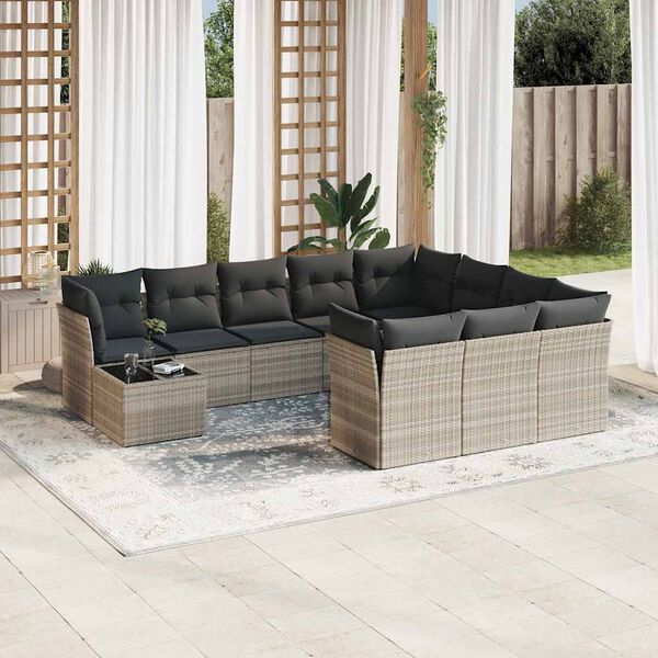 vidaXL 11-tlg. Garten-Sofagarnitur mit Kissen Hellgrau Poly Rattan