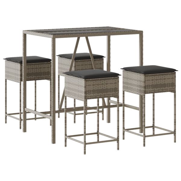 vidaXL 5-tlg. Gartenbar-Set mit Kissen Grau Poly Rattan
