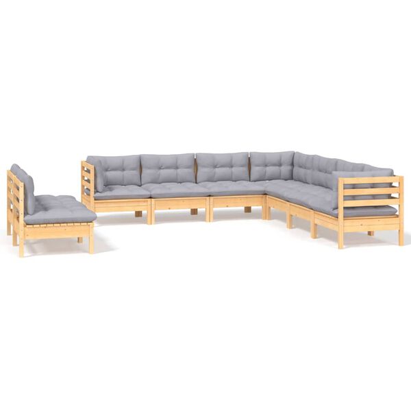 vidaXL 9-tlg. Garten-Lounge-Set mit Grauen Kissen Massivholz Kiefer