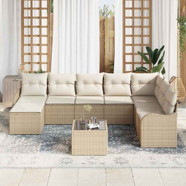 vidaXL Garten-Sofa-Set mit Kissen 9 pcs Beige und Wei&szlig; Poly Rattan