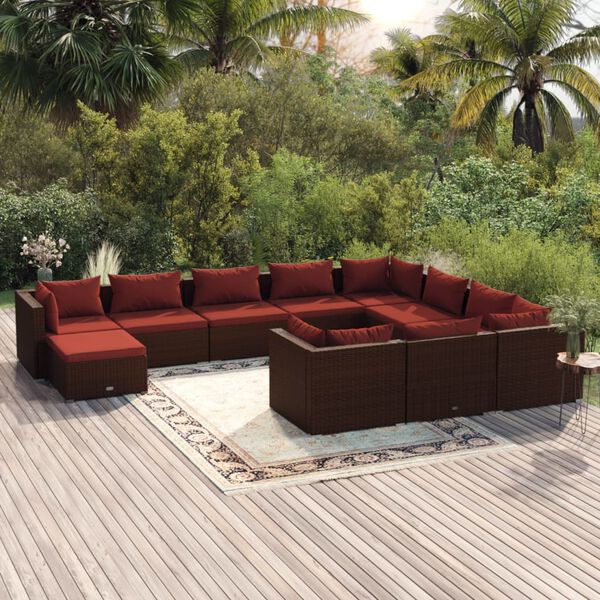 vidaXL 11-tlg. Garten-Lounge-Set mit Kissen Poly Rattan Braun