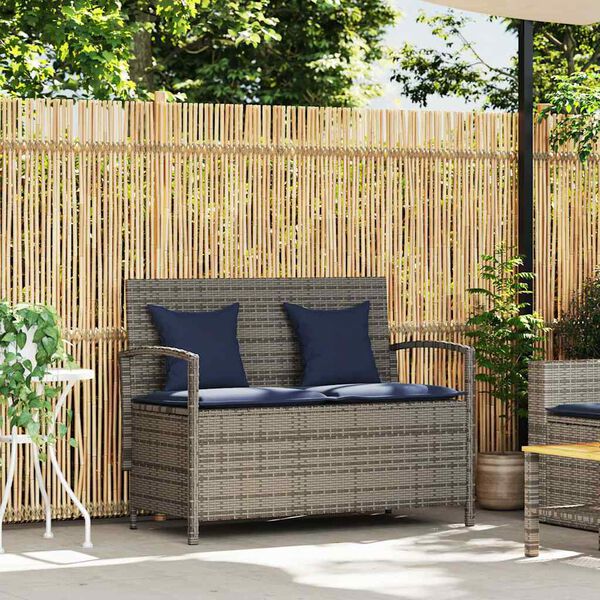 vidaXL Gartenbank mit Stauraum und Kissen Grau Poly Rattan