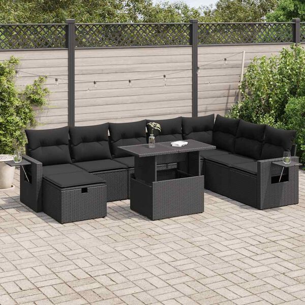 vidaXL 9-tlg. Garten-Sofagarnitur mit Kissen Schwarz Poly Rattan