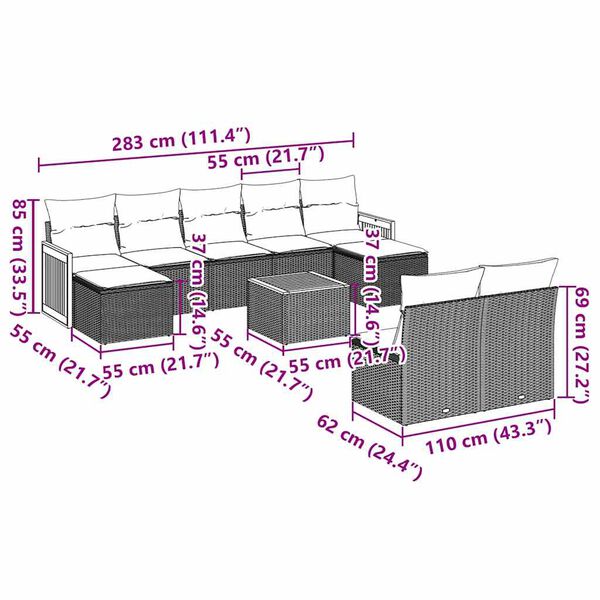 vidaXL 10-tlg. Garten-Sofagarnitur mit Kissen Schwarz Poly Rattan