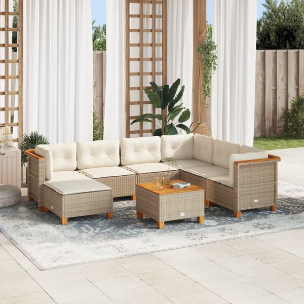 vidaXL 8-tlg. Garten-Sofagarnitur mit Kissen Beige Poly Rattan