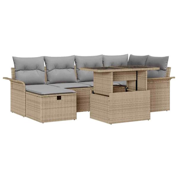 vidaXL Garten-Sofa-Set mit Kissen mit Speicher 7 pcs Beige Poly Rattan