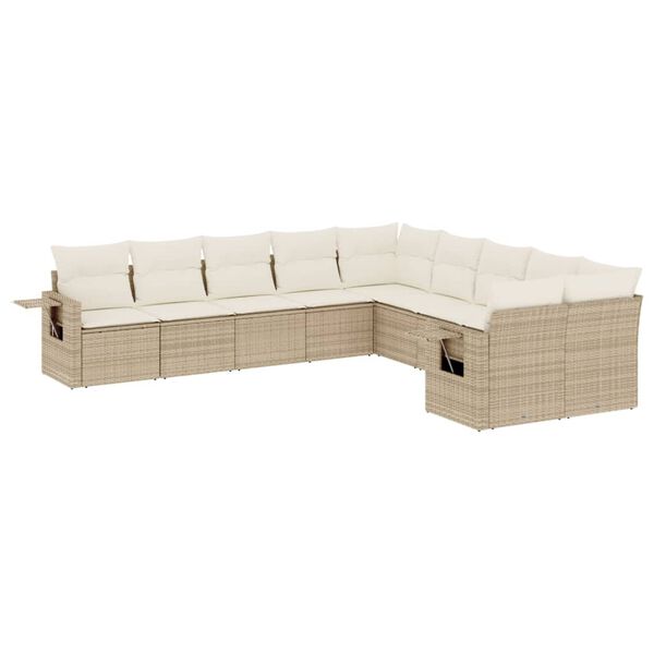 vidaXL 10-tlg. Garten-Sofagarnitur mit Kissen Beige Poly Rattan