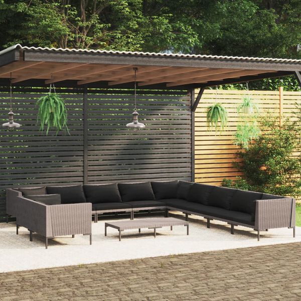 vidaXL 12-tlg. Garten-Lounge-Set mit Kissen Poly Rattan Dunkelgrau