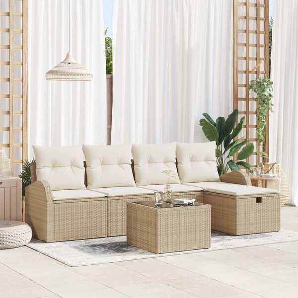 vidaXL Garten-Sofa-Set mit Kissen mit Speicher 6 pcs Beige Poly Rattan