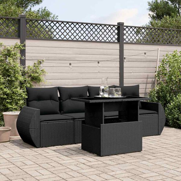 vidaXL 5-tlg. Garten-Sofagarnitur mit Kissen Schwarz Poly Rattan