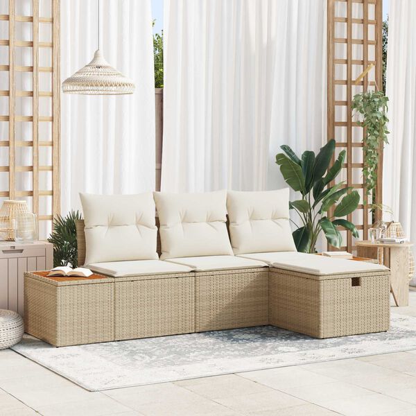 vidaXL Gartensofa-set mit Kissen mit Speicher 4 pcs Beige Poly-Rattan