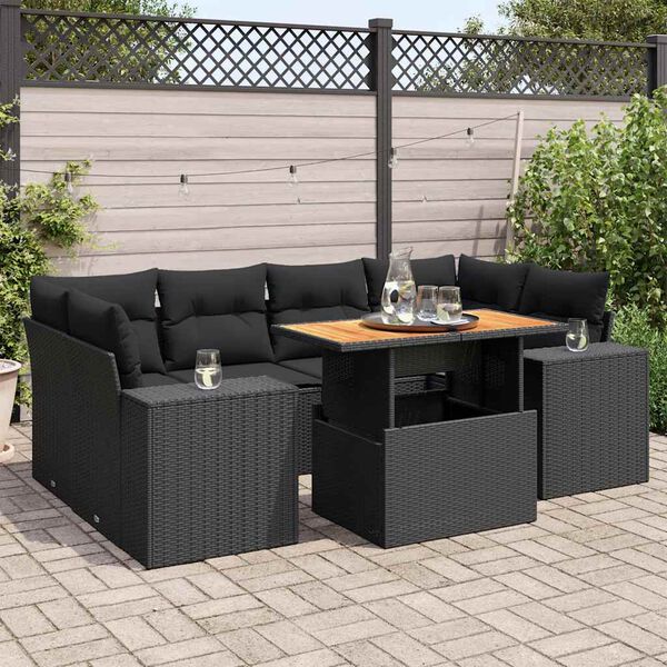 vidaXL 7-tlg. Garten-Sofagarnitur mit Kissen Schwarz Poly Rattan