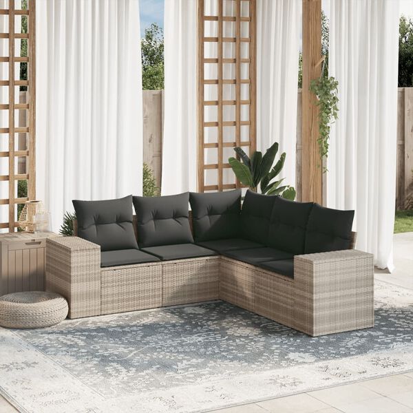 vidaXL 5-tlg. Garten-Sofagarnitur mit Kissen Hellgrau Poly Rattan