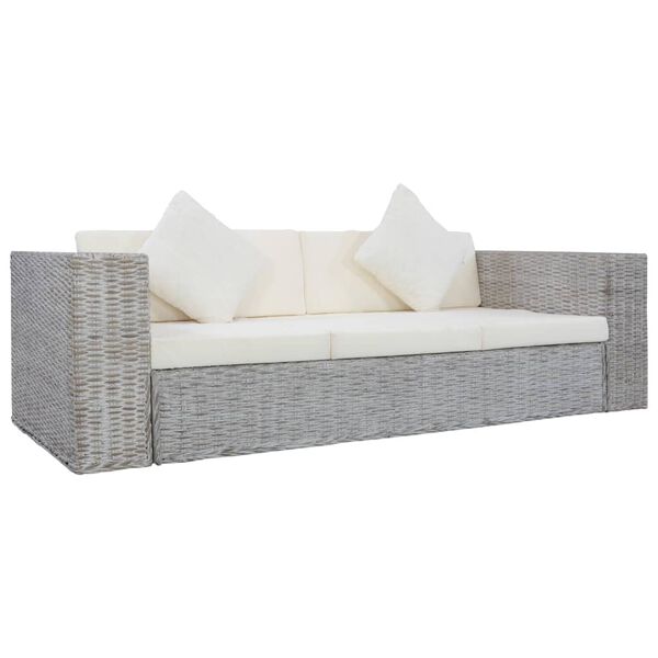 vidaXL 3-Sitzer-Sofa mit Kissen Grau Nat&uuml;rliches Rattan