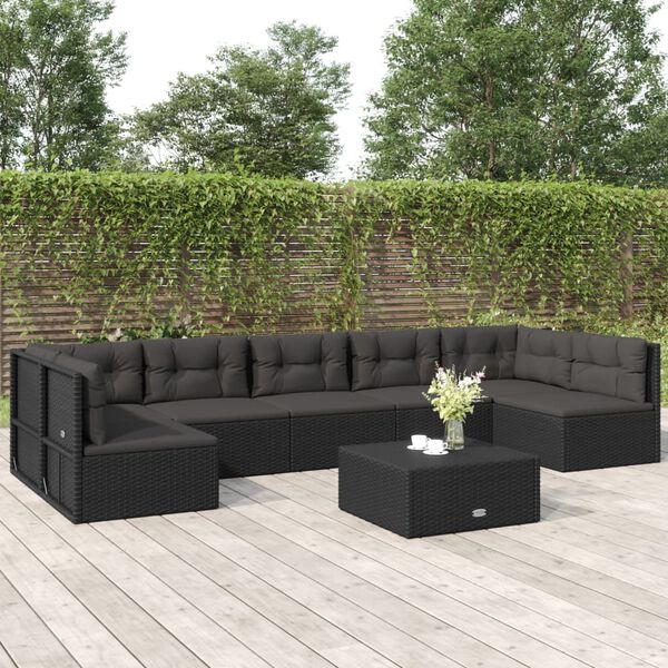 vidaXL 7-tlg. Garten-Lounge-Set mit Kissen Schwarz Poly Rattan