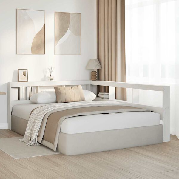 vidaXL Kopfteil mit B&uuml;cherregal L-Form Wei&szlig; 140 cm Massivholz Kiefer