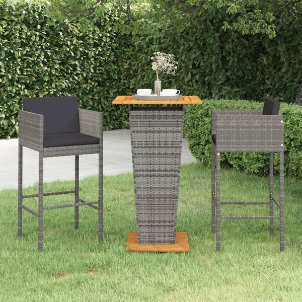 vidaXL 3-tlg. Gartenbar-Set mit Kissen Poly Rattan Grau