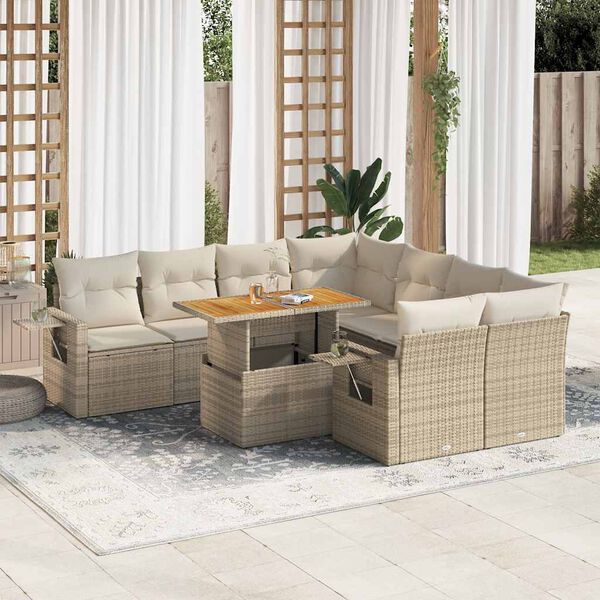 vidaXL 9-tlg. Garten-Sofagarnitur mit Kissen Beige Poly Rattan